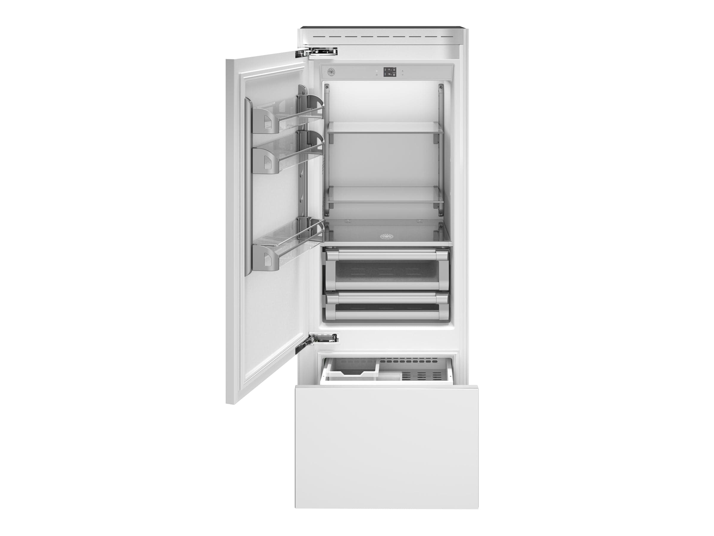 Bertazzoni 30 inch Left Door Built-In Bottom Mount Refrigerator With Ice Maker REF30BMBIPLT I Luxury Appliances Direct