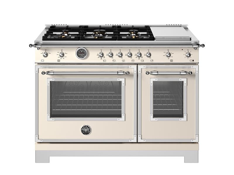 Bertazzoni Heritage Series 48" 6 Brass Burners Avorio Propane Gas Range With 7.1 Cu.Ft. Double Gas Oven and Electric Griddle HER486BTFGMAVT-LP I Luxury Appliances Direct