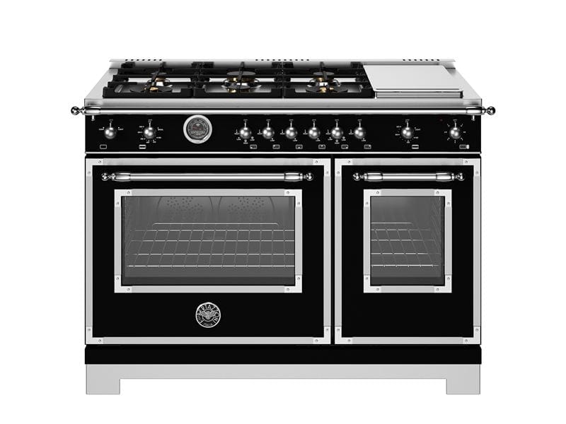 Bertazzoni 48 inch Natural Gas Heritage Series 6 Brass Burners Nero Matt All Gas Range HER486BTFGMNET I Luxury Appliances Direct