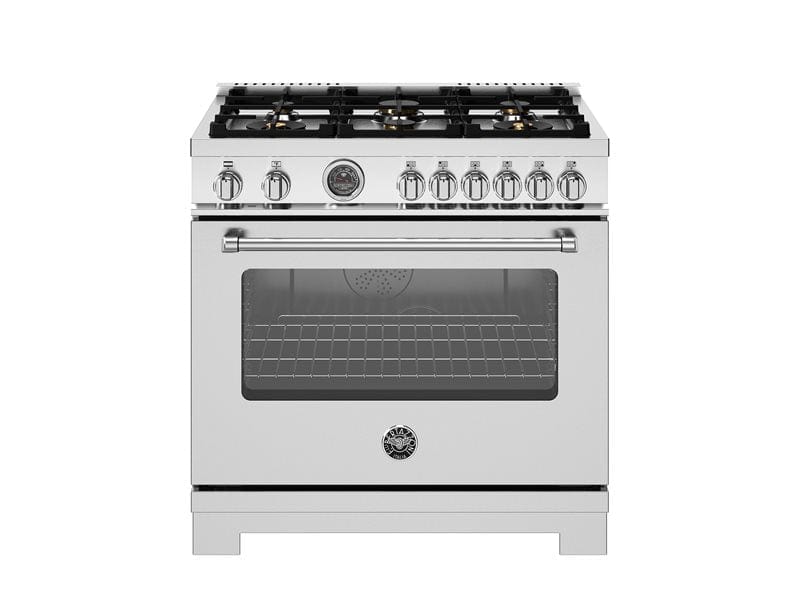 Bertazzoni Master Series 36" 6 Brass Burners Stainless Steel Freestanding Dual Fuel Range With With Cast Iron Griddle and 5.7 Cu.Ft. Electric Self-Clean Oven MAS366BCFEPXT I Luxury Appliances Direct