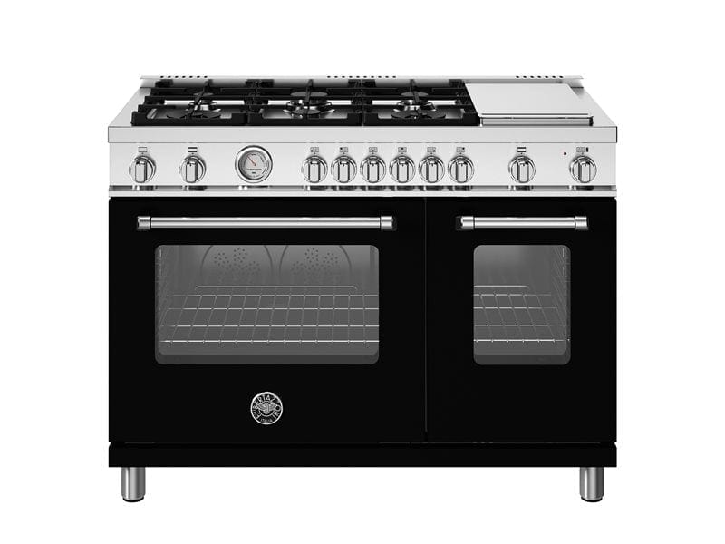 Bertazzoni Master Series 48" 6 Aluminum Burners Nero Matt Freestanding Propane Gas Range With 7.1 Cu.Ft. Double Oven and Electric Griddle MAS486GGASNEV-LP I Luxury Appliances Direct