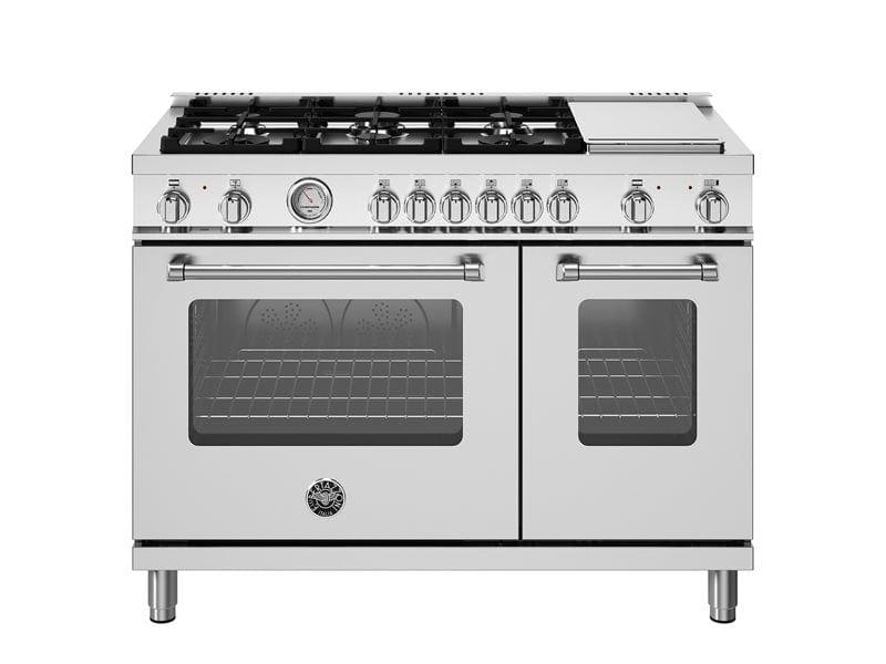 Bertazzoni Master Series 48" 6 Aluminum Burners Stainless Steel Freestanding Dual Fuel Range With 7.1 Cu.Ft. Electric Manual Clean Double Oven and Griddle MAS486GDFMXV I Luxury Appliances Direct
