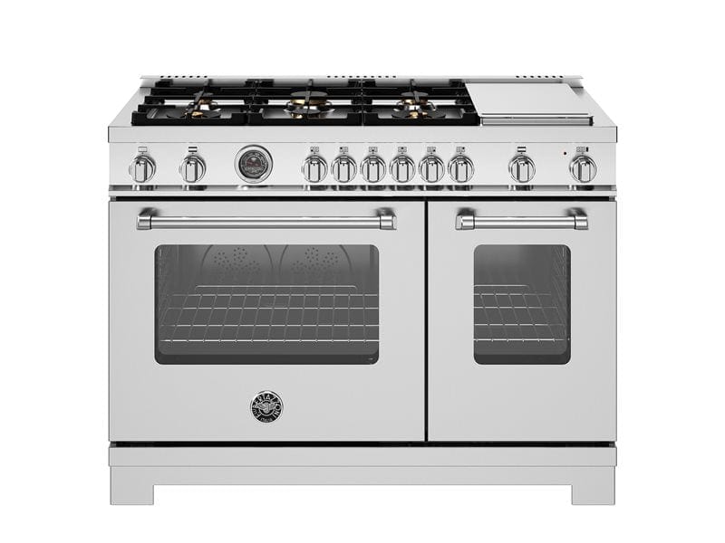 Bertazzoni Master Series 48" 6 Brass Burners Stainless Steel Freestanding All Gas Range With 7.1 Cu.Ft. Double Oven and Electric Griddle MAS486BTFGMXT I Luxury Appliances Direct
