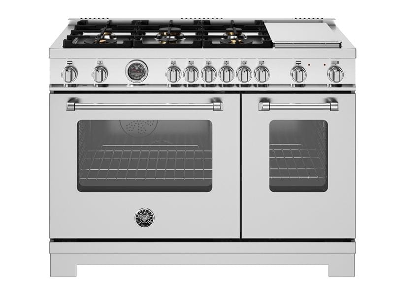 Bertazzoni Master Series 48" 6 Brass Burners Stainless Steel Freestanding Dual Fuel Range With Cast Iron Griddle and 7 Cu.Ft. Electric Self-Clean Double Oven MAS486BTFEPXT I Luxury Appliances Direct