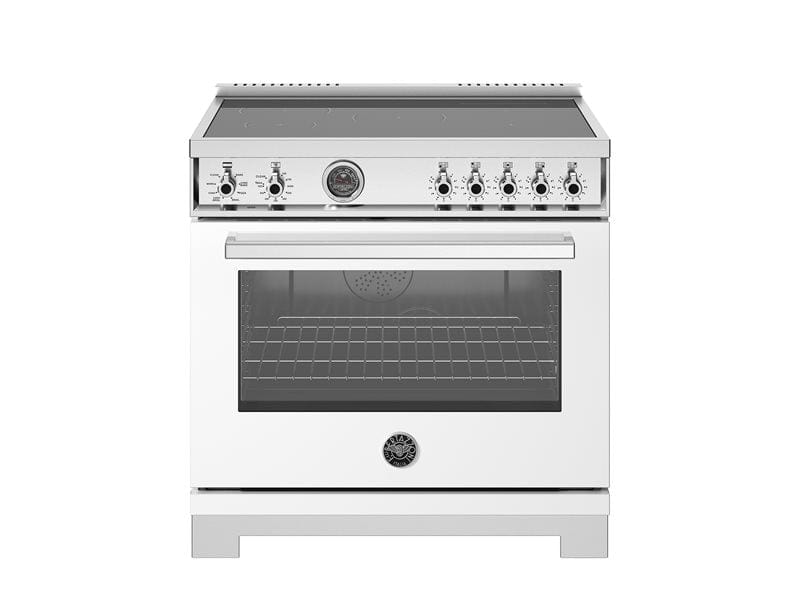 Bertazzoni Professional Series 36" 5 Heating Zones Bianco Freestanding Induction Range With 5.7 Cu.Ft. Electric Self-Clean Oven and Cast Iron Griddle PRO365ICFEPBIT I Luxury Appliances Direct