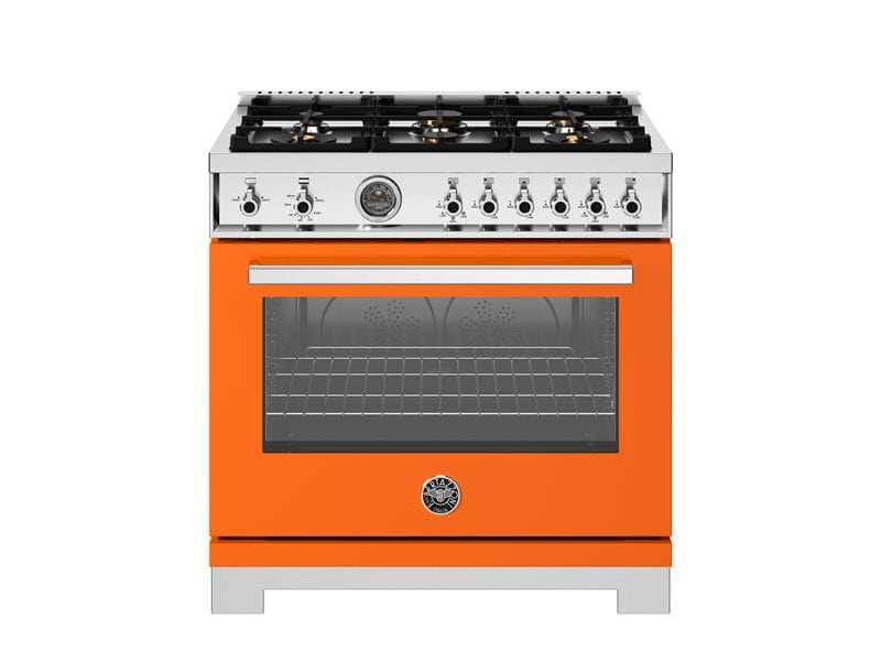 Bertazzoni Professional Series 36" 6 Brass Burners Arancio Freestanding All Gas Range With Cast Iron Griddle and 5.9 Cu.Ft. Gas Oven PRO366BCFGMART I Luxury Appliances Direct