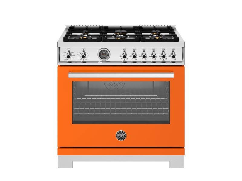 Bertazzoni Professional Series 36" 6 Brass Burners Arancio Freestanding Dual Fuel Range With Cast Iron Griddle and 5.7 Cu.Ft. Electric Self-Clean Oven PRO366BCFEPART I Luxury Appliances Direct