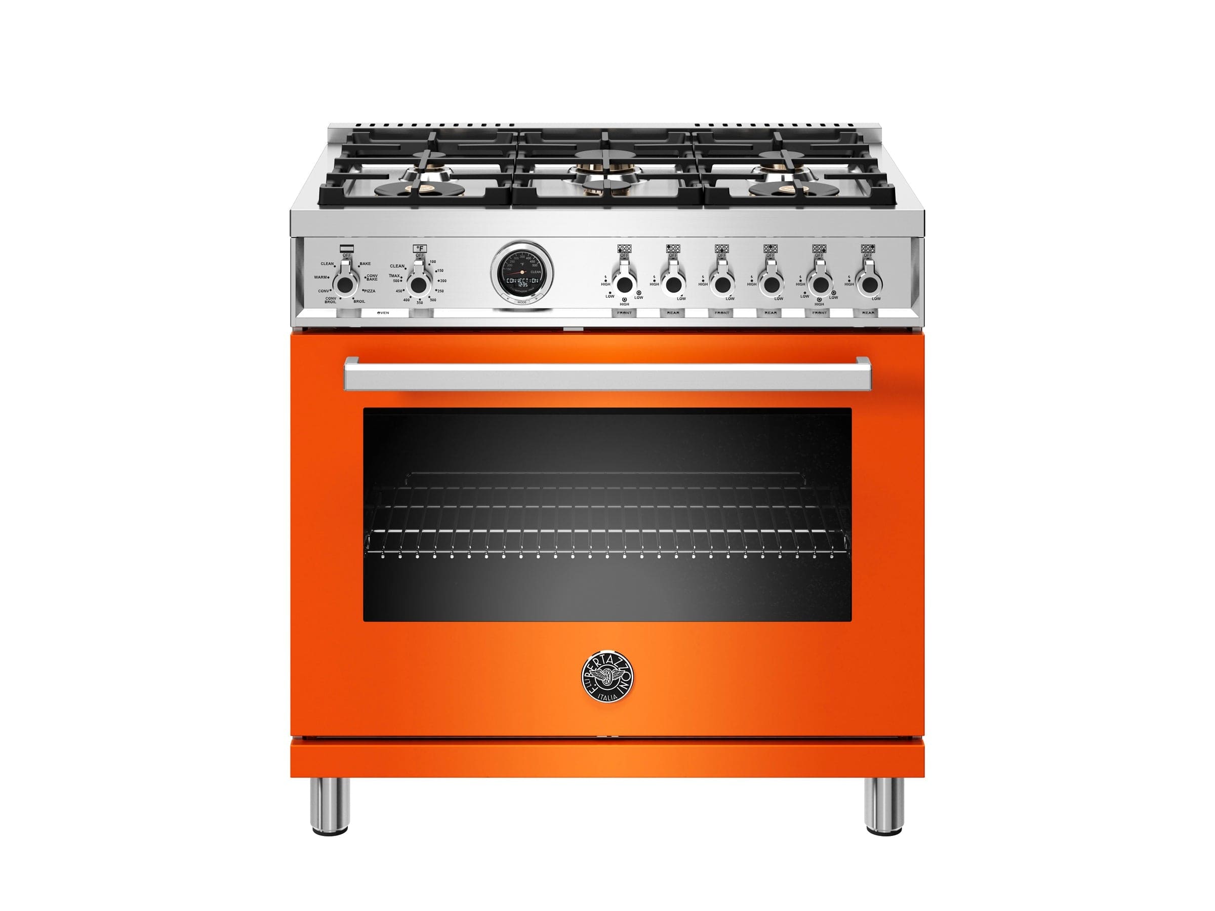 Bertazzoni Professional Series 36" 6 Brass Burners Arancio Freestanding Propane Gas Range With 5.7 Cu.Ft. Electric Self-Clean Oven PROF366DFSART-LP I Luxury Appliances Direct