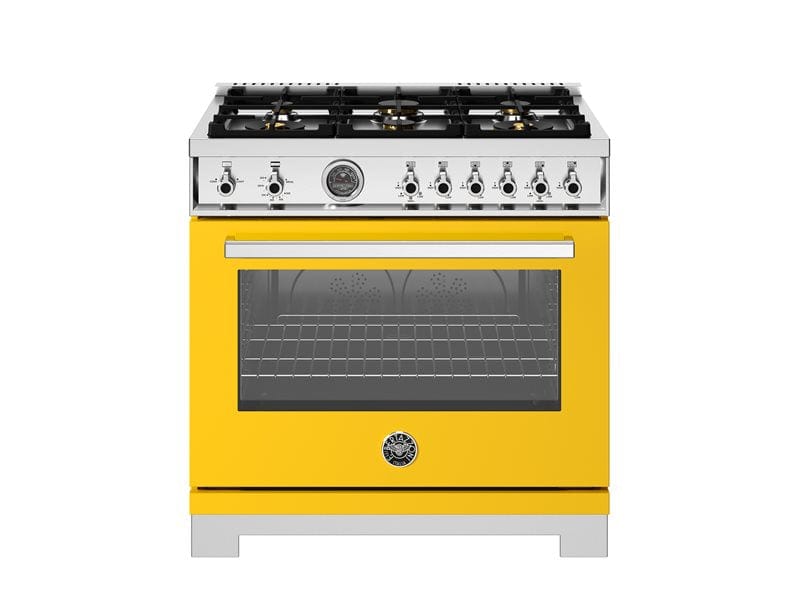 Bertazzoni Professional Series 36" 6 Brass Burners Giallo Freestanding All Gas Range With Cast Iron Griddle and 5.9 Cu.Ft. Gas Oven PRO366BCFGMGIT I Luxury Appliances Direct