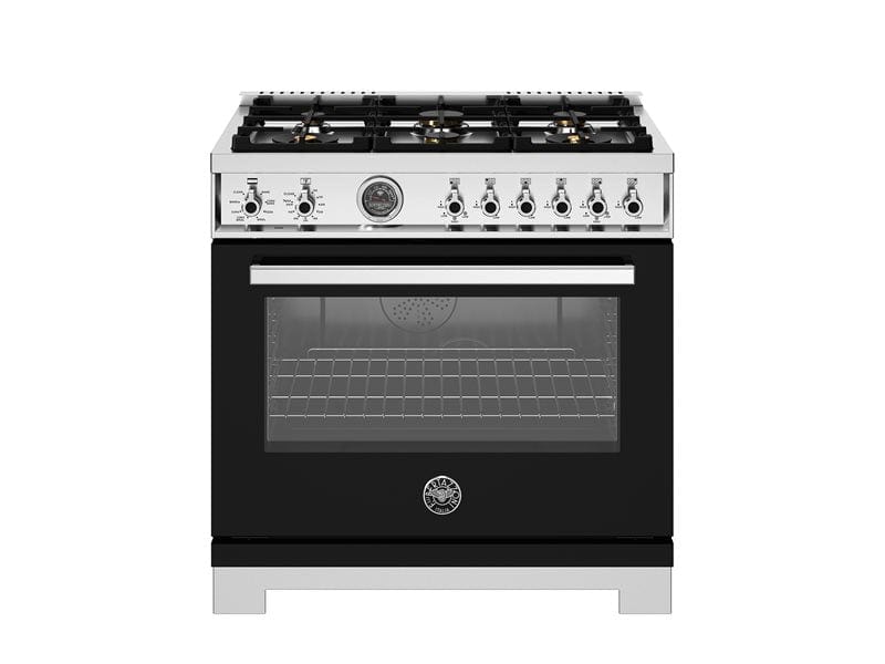 Bertazzoni Professional Series 36" 6 Brass Burners Nero Freestanding Propane Gas Range With Cast Iron Griddle and 5.7 Cu.Ft. Electric Self-Clean Oven PRO366BCFEPNET-LP I Luxury Appliances Direct