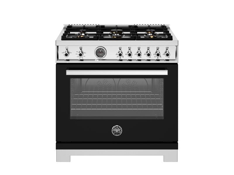 Bertazzoni Professional Series 36" 6 Brass Burners Nero Freestanding Propane Gas Range With Cast Iron Griddle and 5.9 Cu.Ft. Gas Oven PRO366BCFGMNET-LP I Luxury Appliances Direct