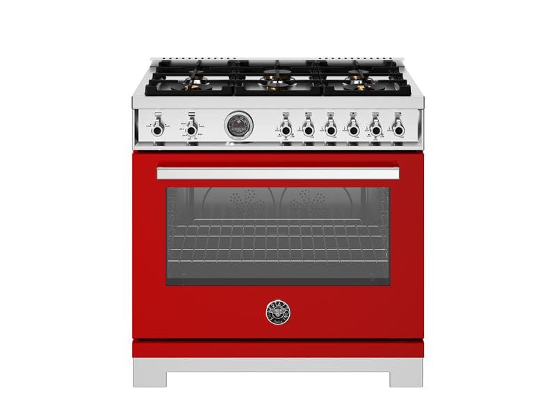 Bertazzoni Professional Series 36" 6 Brass Burners Rosso Freestanding All Gas Range With Cast Iron Griddle and 5.9 Cu.Ft. Gas Oven PRO366BCFGMROT I Luxury Appliances Direct