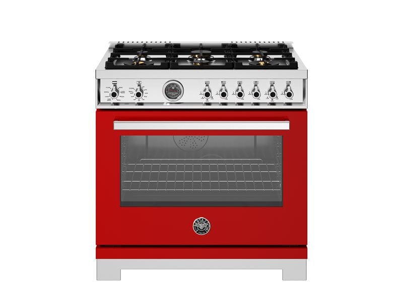 Bertazzoni Professional Series 36" 6 Brass Burners Rosso Freestanding Dual Fuel Range With Cast Iron Griddle and 5.7 Cu.Ft. Electric Self-Clean Oven PRO366BCFEPROT I Luxury Appliances Direct