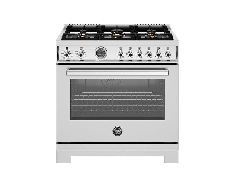 Bertazzoni Professional Series 36" 6 Brass Burners Stainless Steel Freestanding Propane Gas Range With Cast Iron Griddle and 5.7 Cu.Ft. Electric Self-Clean Oven PRO366BCFEPXT-LP I Luxury Appliances Direct