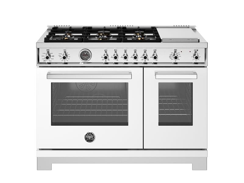 Bertazzoni Professional Series 48" 6 Brass Burners Bianco Freestanding Propane Gas Range With 7 Cu.Ft. Electric Self-Clean Oven and Electric Griddle PRO486BTFEPBIT-LP I Luxury Appliances Direct