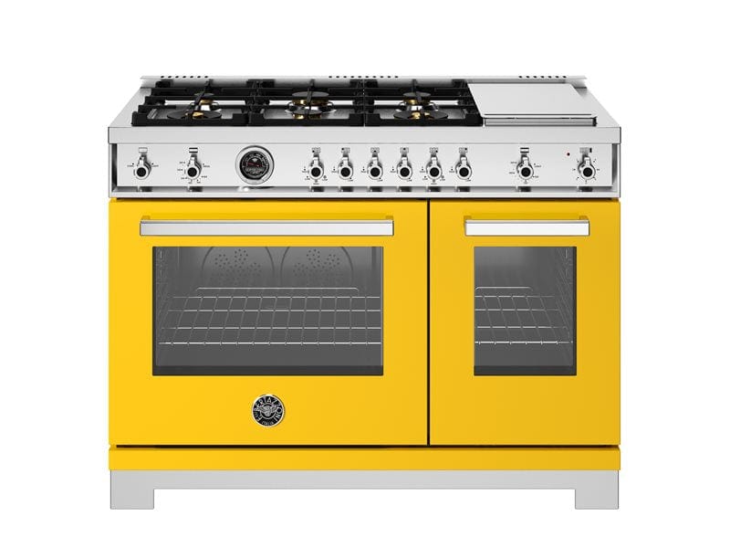 Bertazzoni Professional Series 48" 6 Brass Burners Giallo Freestanding All Gas Range With 7.1 Cu.Ft. Double Gas Oven and Electric Griddle PRO486BTFGMGIT I Luxury Appliances Direct