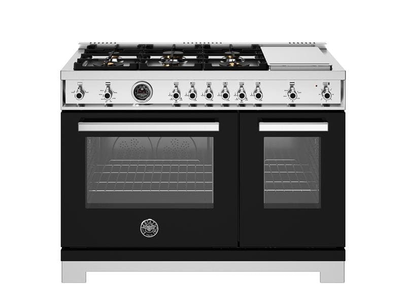 Bertazzoni Professional Series 48" 6 Brass Burners Nero Freestanding Propane Gas Range With 7.1 Cu.Ft. Double Gas Oven and Electric Griddle PRO486BTFGMNET-LP I Luxury Appliances Direct