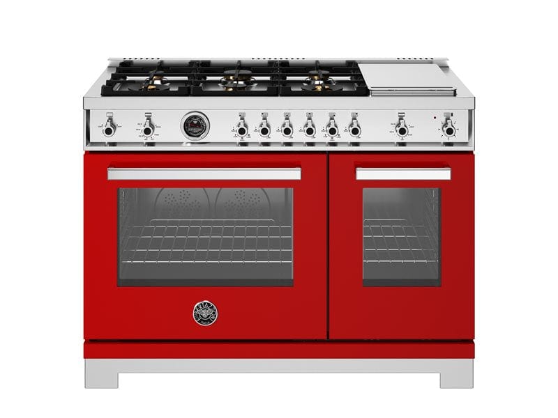 Bertazzoni Professional Series 48" 6 Brass Burners Rosso Freestanding All Gas Range With 7.1 Cu.Ft. Double Gas Oven and Electric Griddle PRO486BTFGMROT I Luxury Appliances Direct