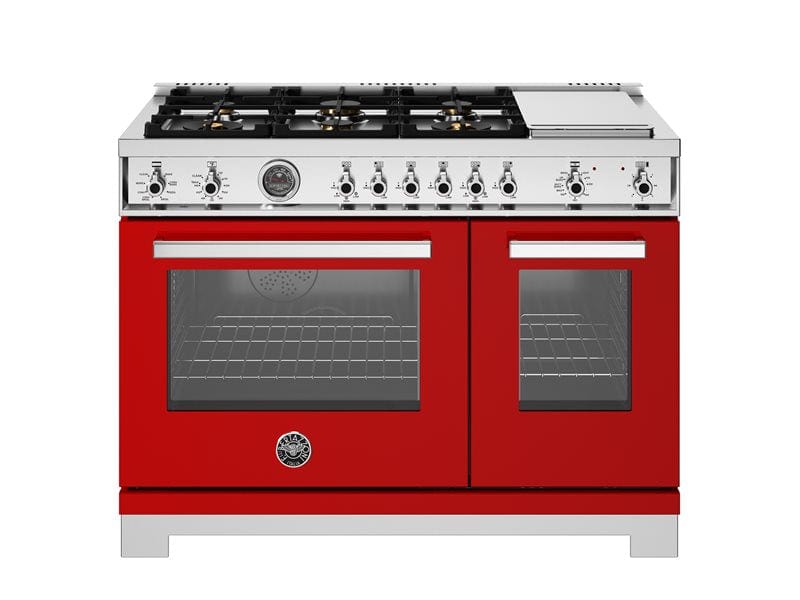 Bertazzoni Professional Series 48" 6 Brass Burners Rosso Freestanding Propane Gas Range With 7 Cu.Ft. Electric Self-Clean Oven and Electric Griddle PRO486BTFEPROT-LP I Luxury Appliances Direct