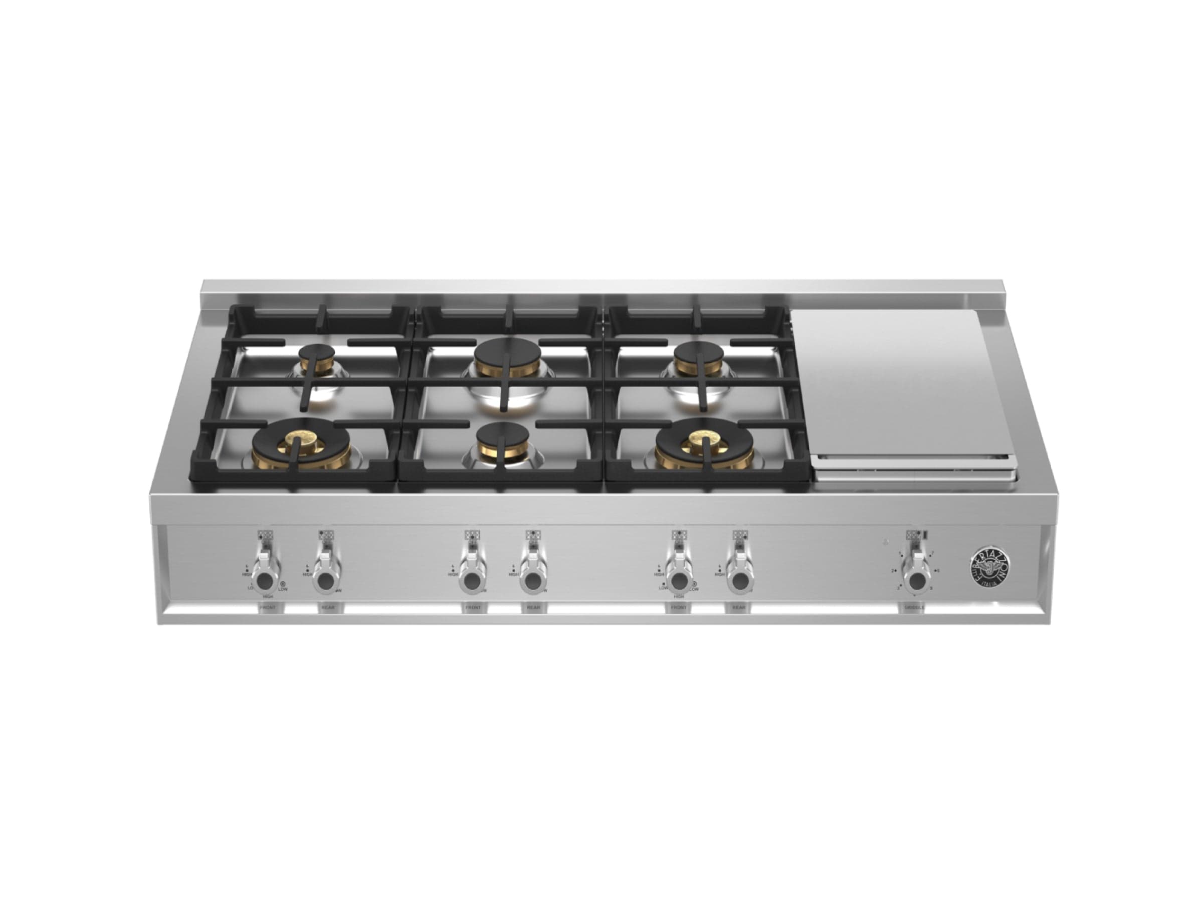 Bertazzoni Professional Series 48" 6 Brass Burners Stainless Steel Gas Rangetop With Electric Griddle PROF486GRTBXT I Luxury Appliances Direct