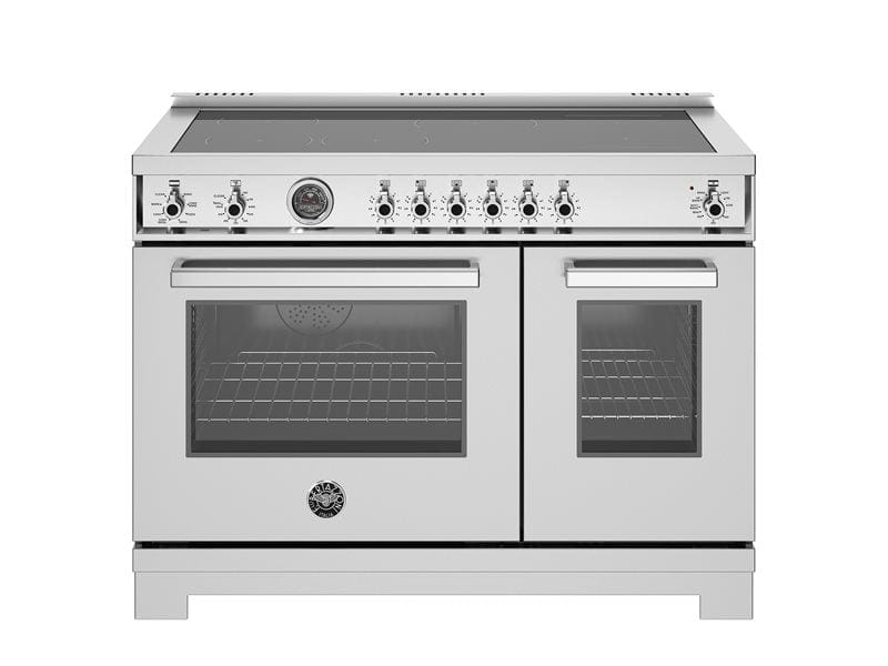 Bertazzoni Professional Series 48" 6 Heating Zones Stainless Steel Freestanding Induction Range With 7 Cu.Ft. Electric Self-Clean Double Oven and Cast Iron Griddle PRO486IGFEPXT I Luxury Appliances Direct