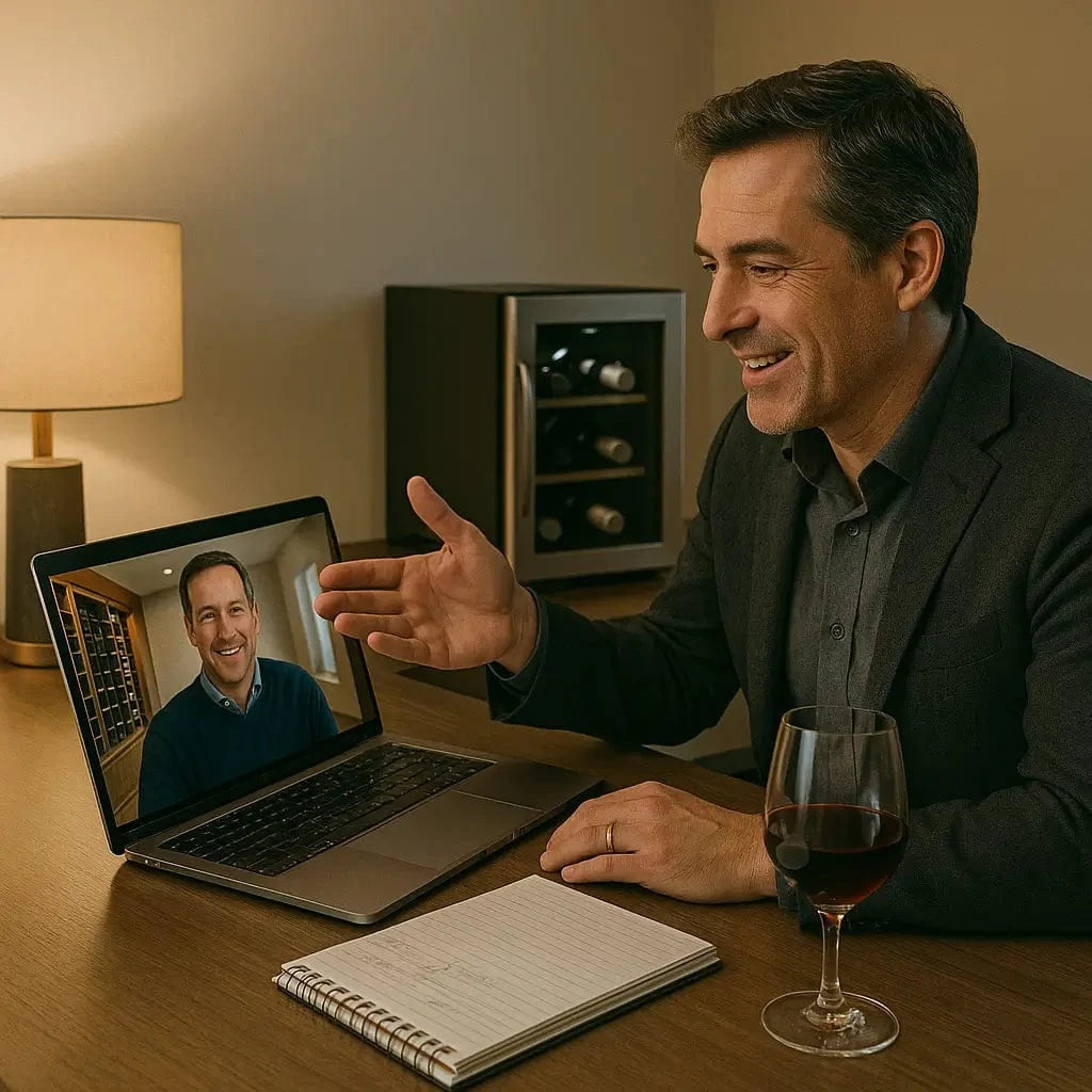 Virtual wine cellar design consultation with an expert showing 3D cellar plans to a client on a laptop.