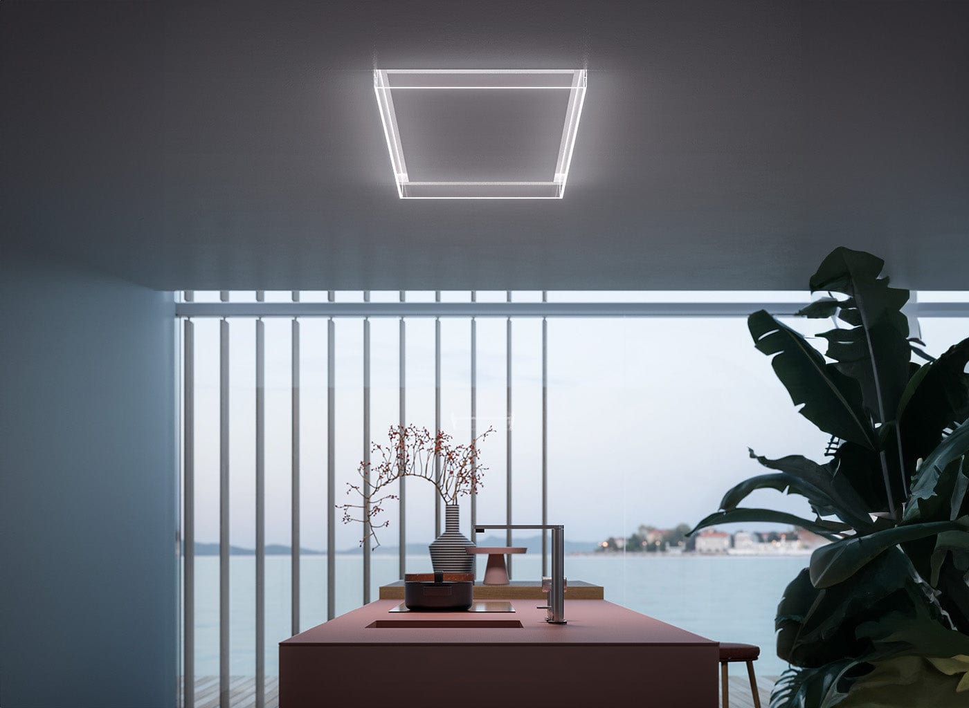Falmec Alba 48" Ceiling White painted body with perimetral glass lighting system FDALB48C6WH-R I Luxury Appliances Direct