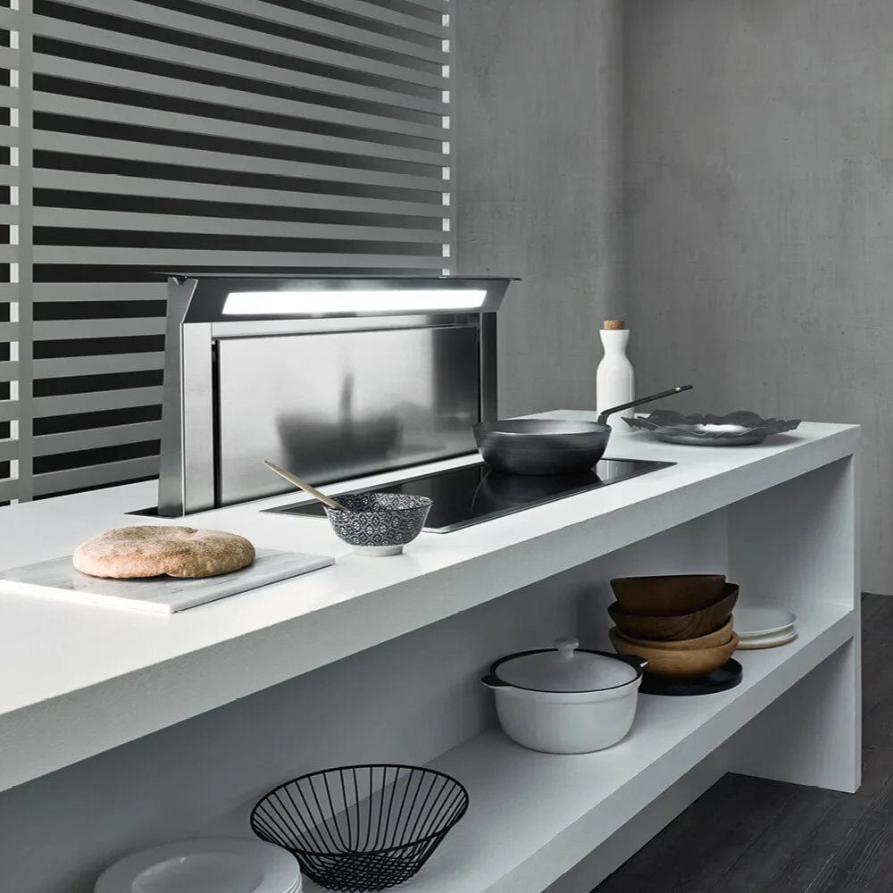 Falmec 36" Downdraft, Tempered Glass, with Touch Control + 24H Function, LED Strip Lighting, Removable & Washable Filter, Optional Remote Control, and Perimeter Suction - FDDOW36T6 I Luxury Appliances Direct
