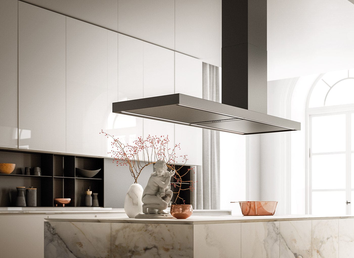 Falmec Elle 70" Matte Black painted steel Island hood - 500 CFM - FDELL70I5SS I Luxury Appliances Direct