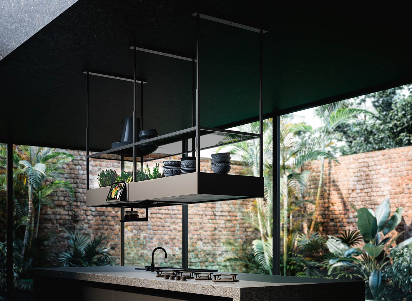 Falmec Spazio 70" Matte Black Island Hood. Circle.Tech technology with Carbon.Zeo Fitlers - 360 CFM, FCSPA70I4MB I Luxury Appliances Direct