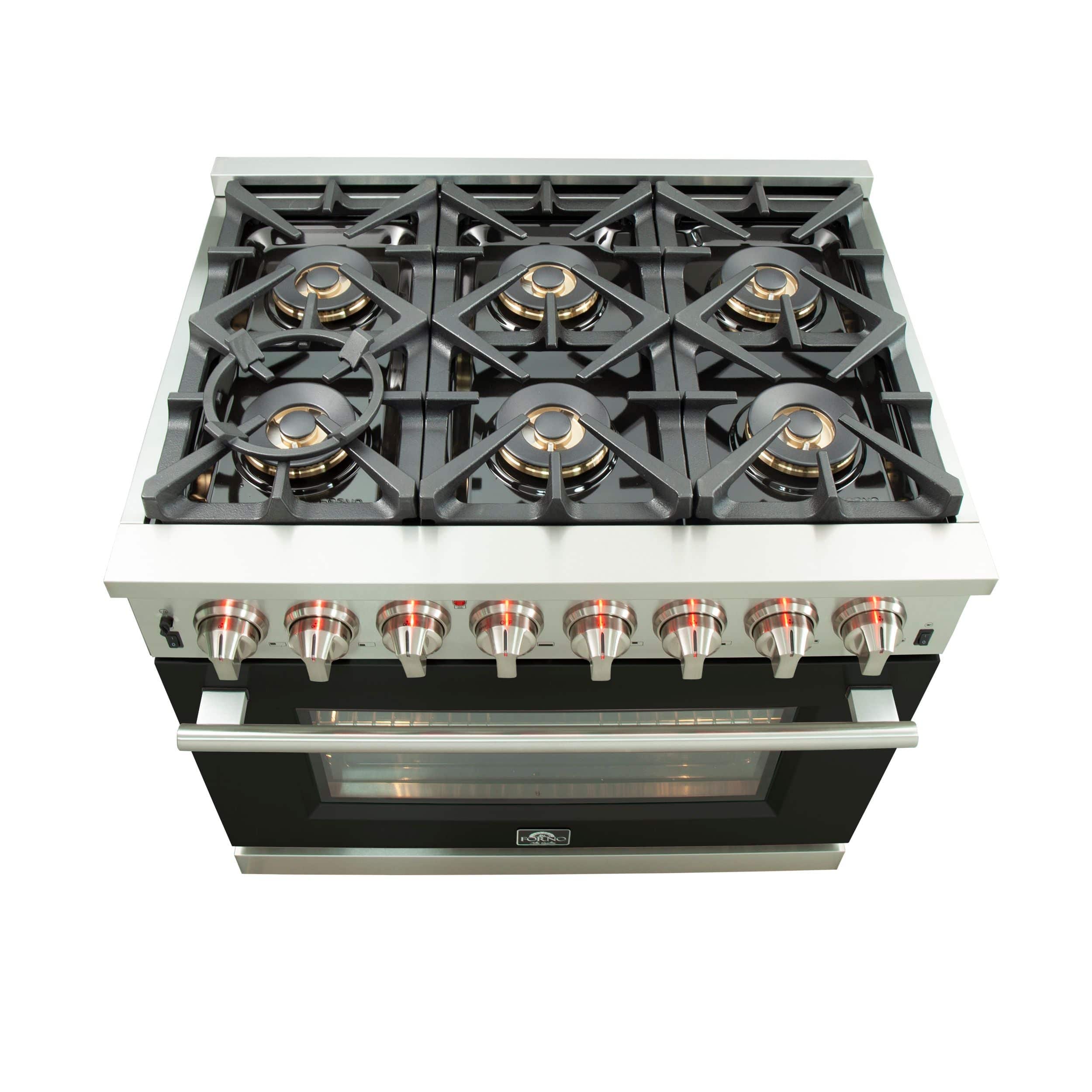 Forno Capriasca 36 Inch Professional Freestanding Dual Fuel Range in Black, FFSGS6187-36BLK I Luxury Appliances Direct