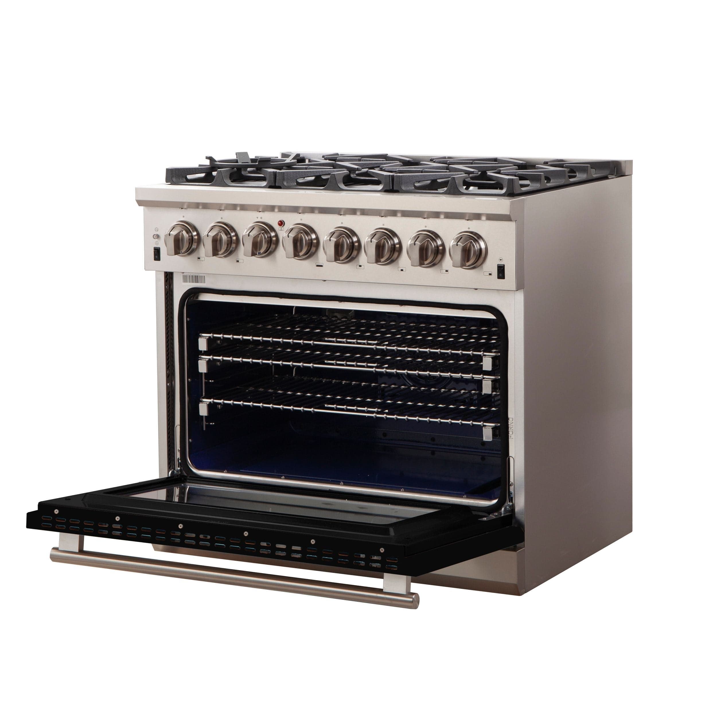 Forno Capriasca 36 Inch Professional Freestanding Dual Fuel Range in Black, FFSGS6187-36BLK I Luxury Appliances Direct
