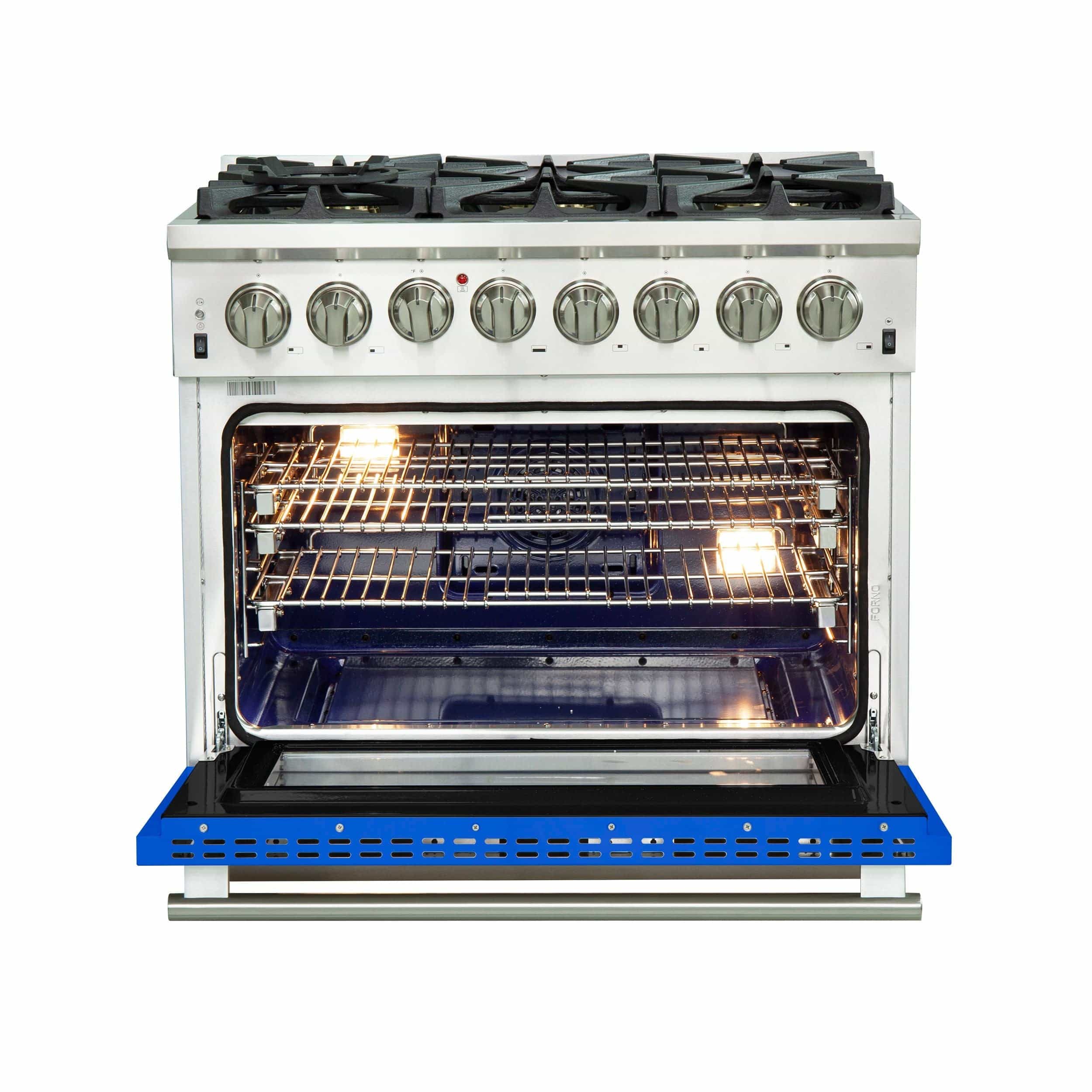 Forno Capriasca 36 Inch Professional Freestanding Dual Fuel Range in Blue, FFSGS6187-36BLU I Luxury Appliances Direct