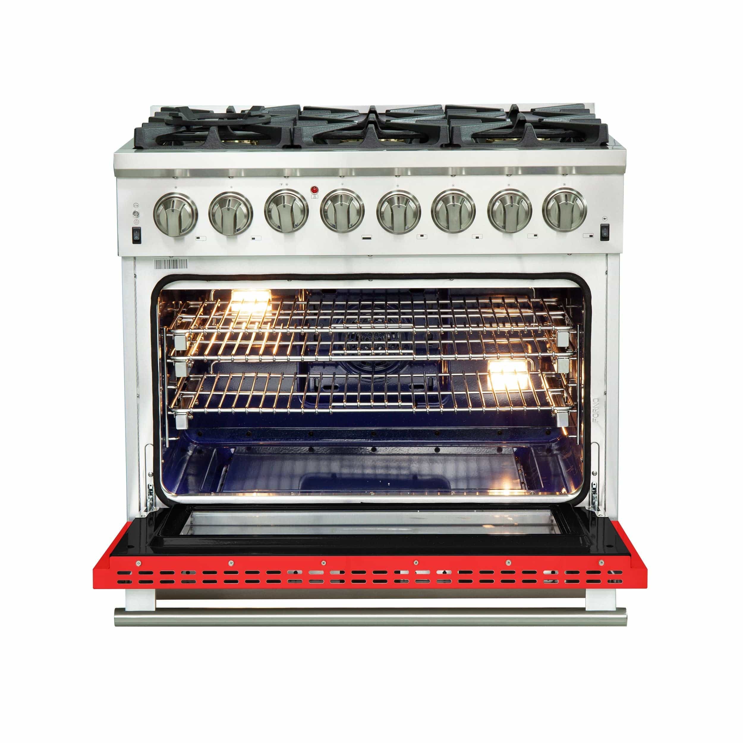 Forno Capriasca 36 Inch Professional Freestanding Dual Fuel Range in Red, FFSGS6187-36RED I Luxury Appliances Direct