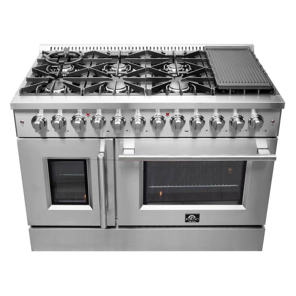 Forno Galiano 48" Gas Burner, Electric Oven Range With French Door in Stainless Steel, FFSGS6356-48 I Luxury Appliances Direct