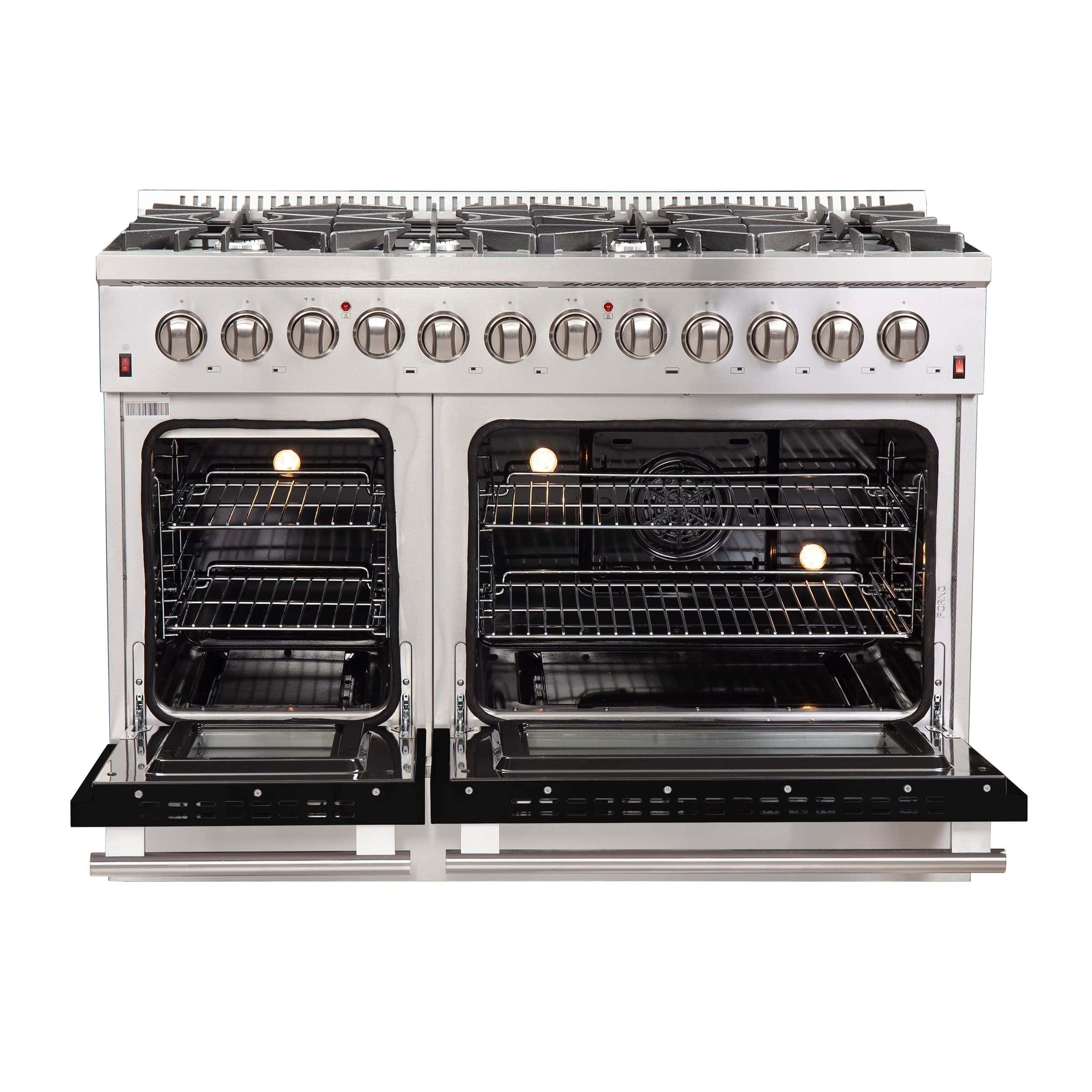 Forno Galiano 48 Inch Professional Freestanding Dual Fuel Range in Black, FFSGS6156-48BLK I Luxury Appliances Direct