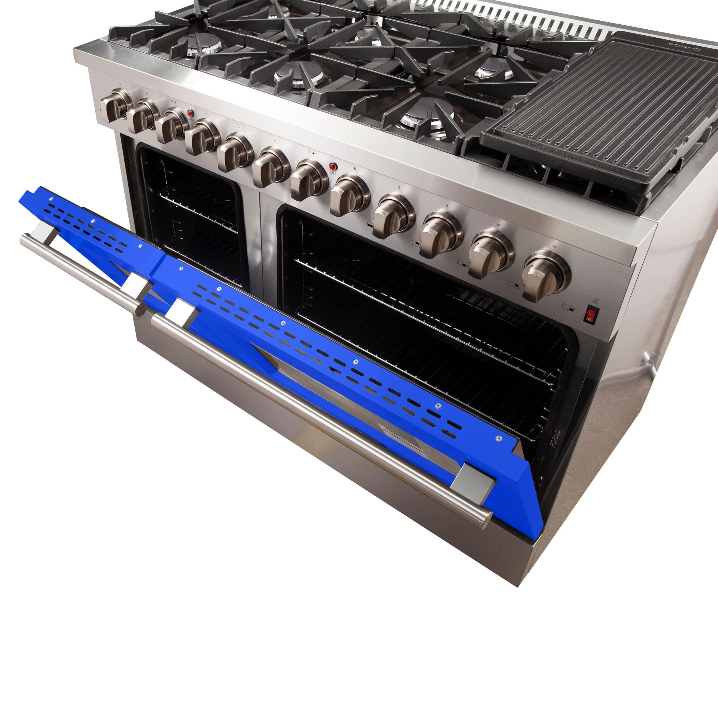 Forno Galiano 48 Inch Professional Freestanding Dual Fuel Range in Blue, FFSGS6156-48BLU I Luxury Appliances Direct