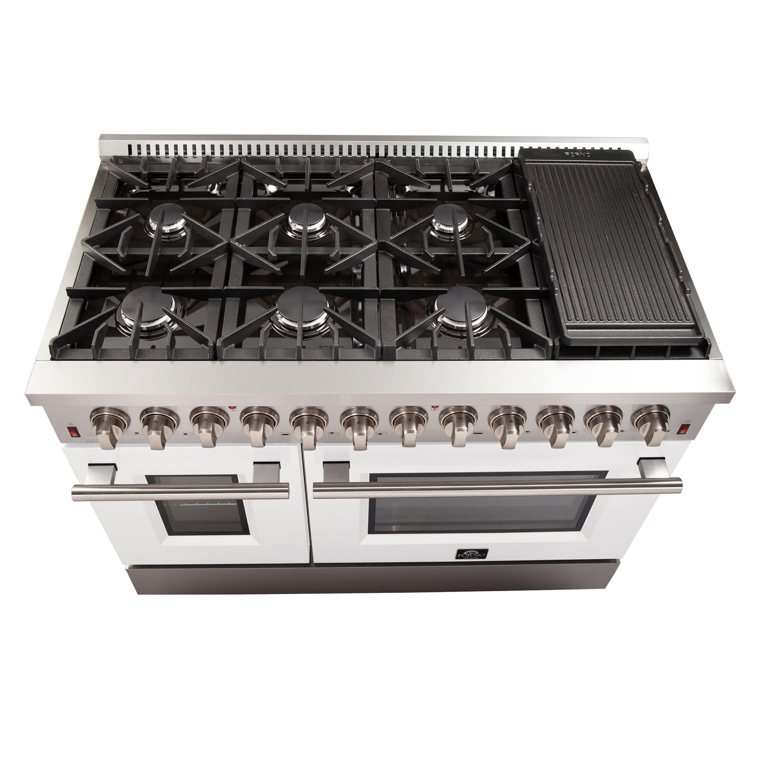 Forno Galiano 48 Inch Professional Freestanding Dual Fuel Range in White, FFSGS6156-48WHT I Luxury Appliances Direct