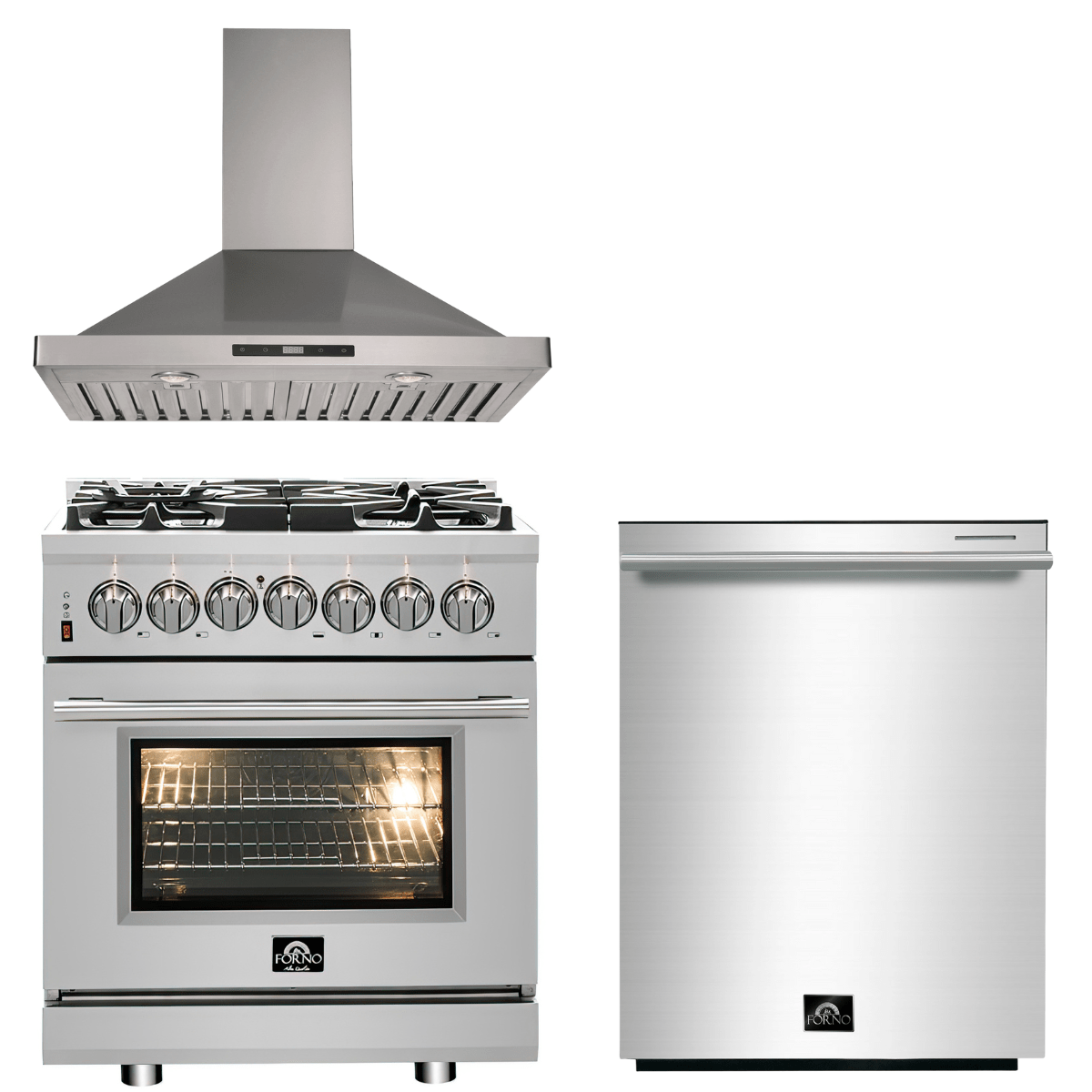 Forno Appliance Package - 30" Dual Fuel Range, 30" Range Hood, Dishwasher, AP-FFSGS6125-30-W-2 I Luxury Appliances Direct