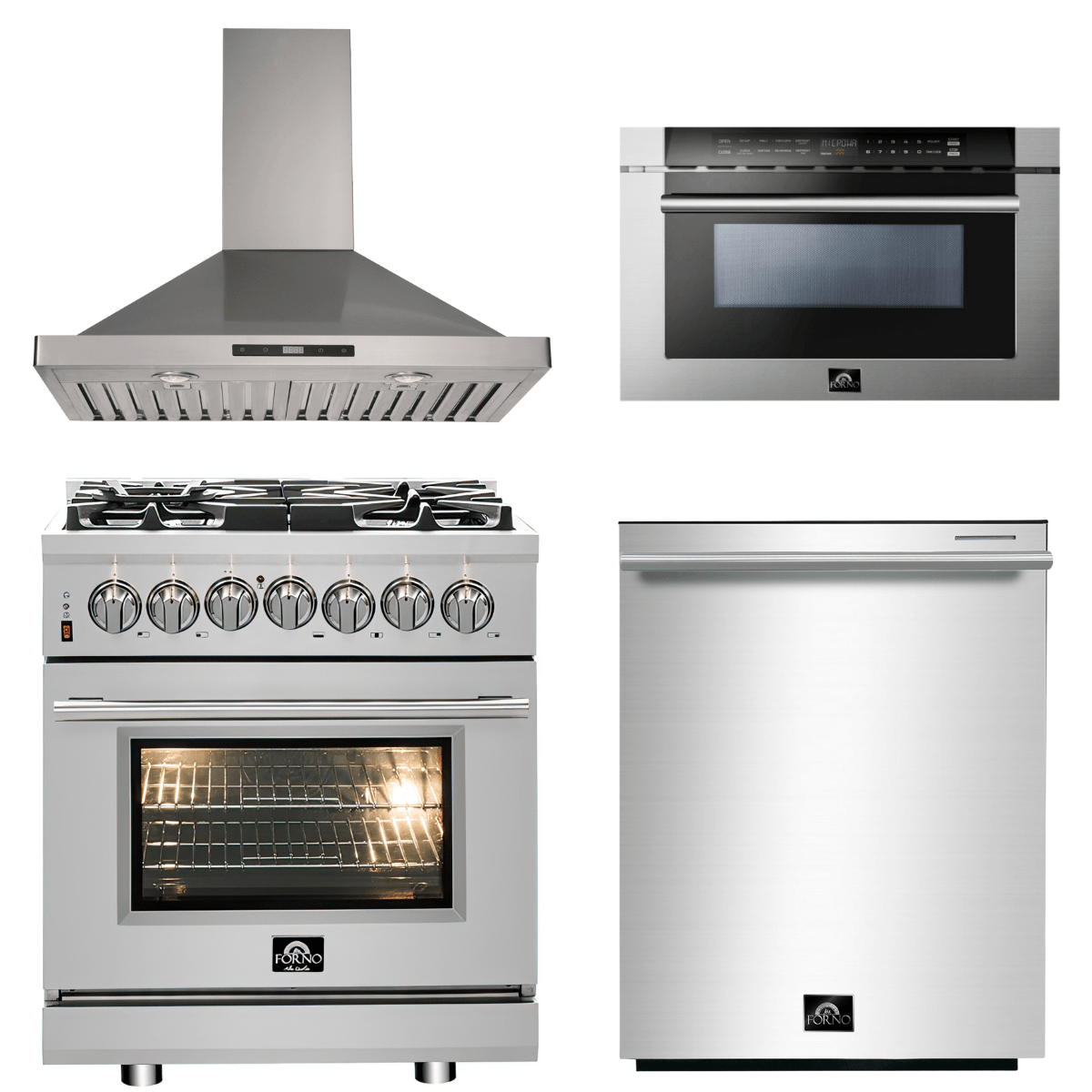 Forno Appliance Package - 30" Dual Fuel Range, 30" Range Hood, Dishwasher, Microwave Drawer, AP-FFSGS6125-30-W-6 I Luxury Appliances Direct