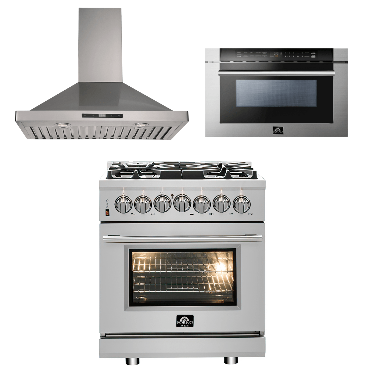 Forno Appliance Package - 30" Dual Fuel Range, 30" Range Hood, Microwave Drawer, AP-FFSGS6125-30-W-3 I Luxury Appliances Direct