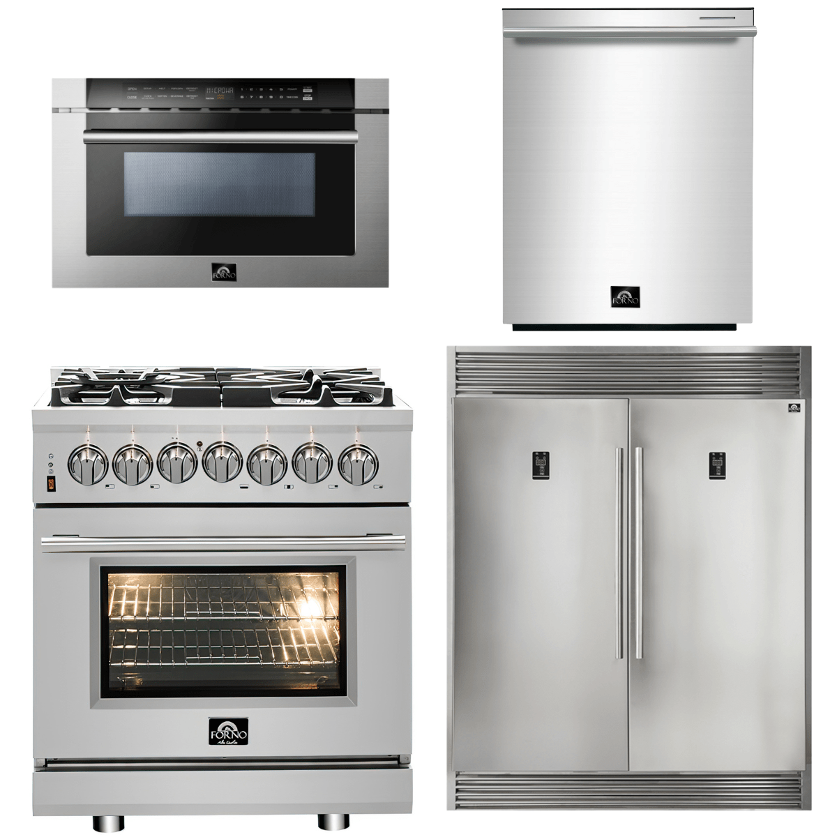 Forno Appliance Package - 30" Dual Fuel Range, 60" Refrigerator, Dishwasher, Microwave Drawer, AP-FFSGS6125-30-W-7 I Luxury Appliances Direct