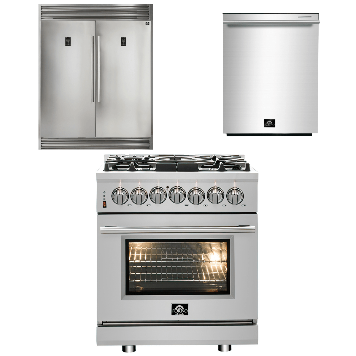 Forno Appliance Package - 30" Dual Fuel Range, Dishwasher, 60" Refrigerator, AP-FFSGS6125-30-W-5 I Luxury Appliances Direct