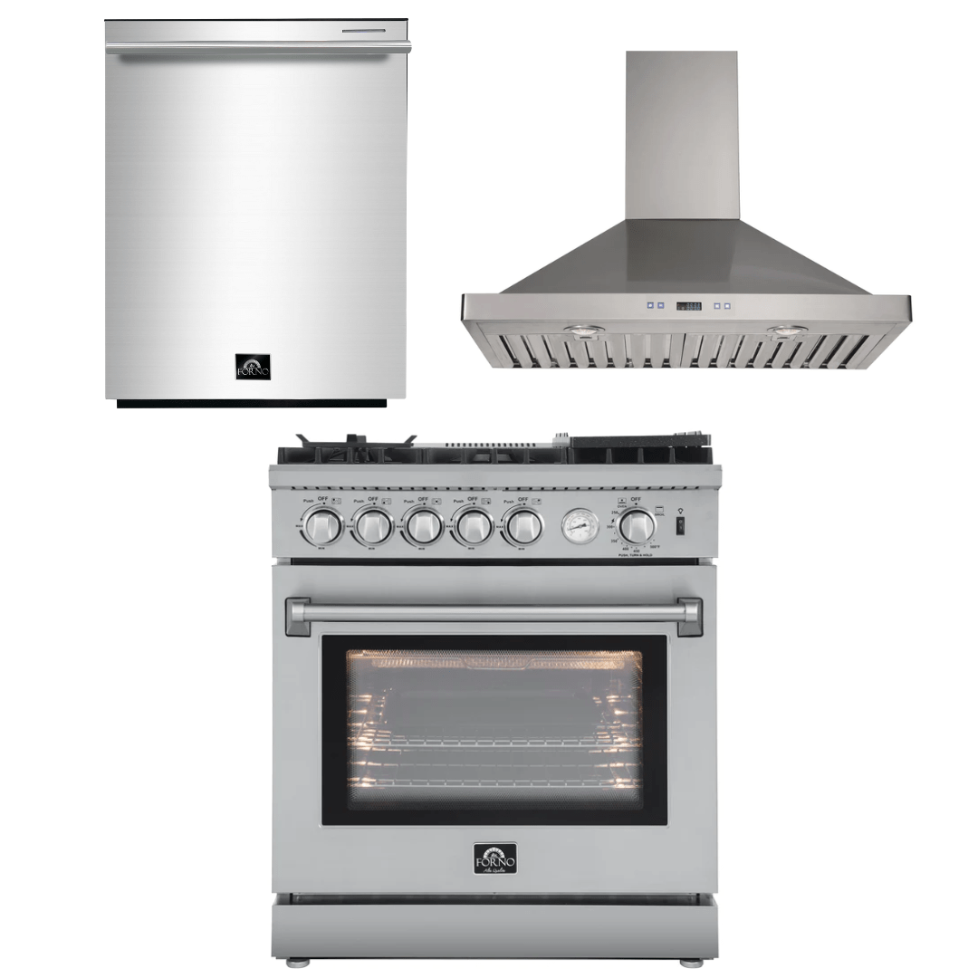 Forno Appliance Package - 30" Gas Range, 30" Range Hood, Dishwasher, AP-FFSGS6276-30-W-2 I Luxury Appliances Direct