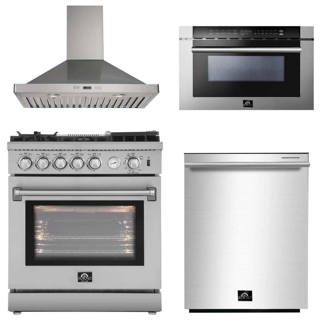Forno Appliance Package - 30" Gas Range, 30" Range Hood, Dishwasher, Microwave Drawer, AP-FFSGS6276-30-W-6 I Luxury Appliances Direct