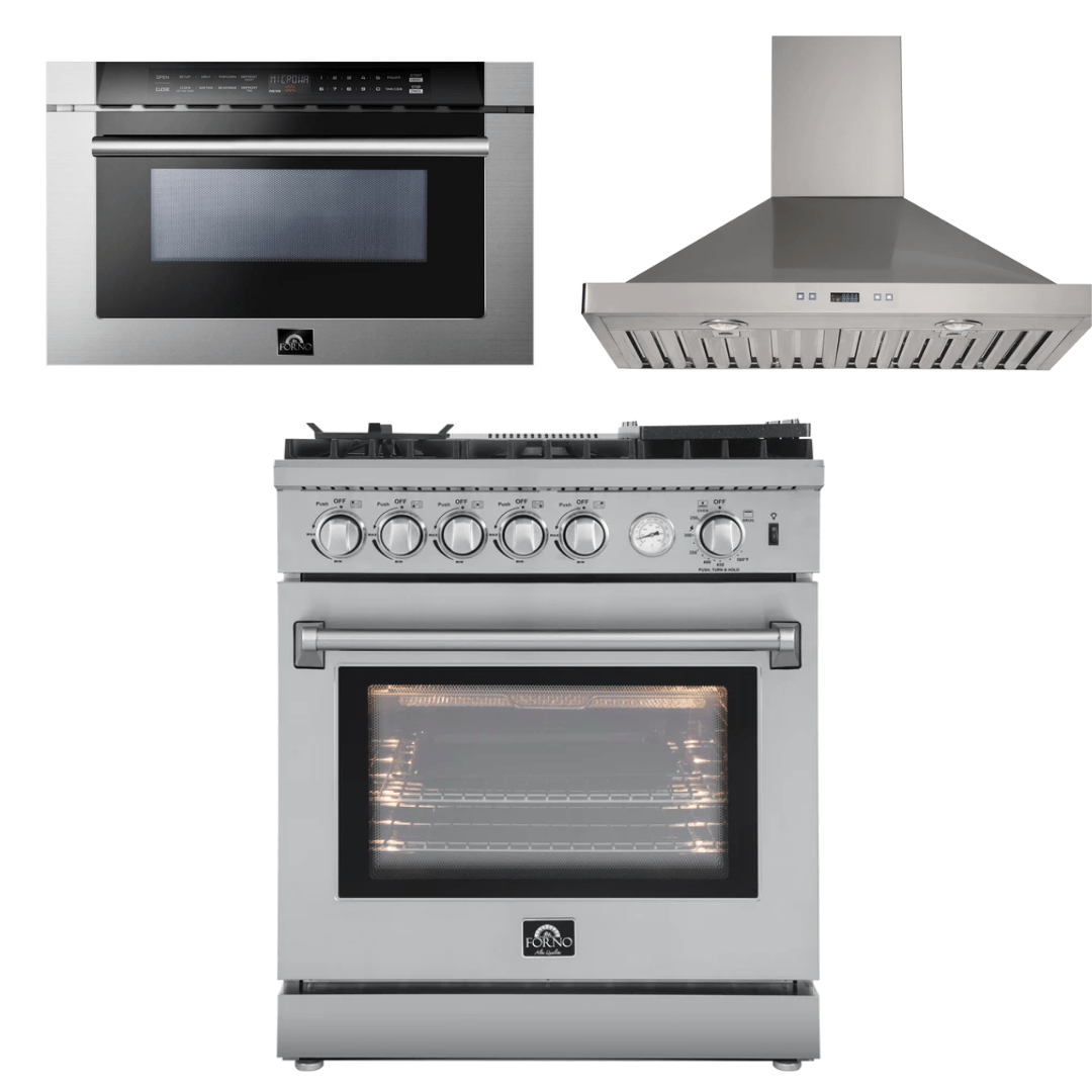 Forno Appliance Package - 30" Gas Range, 30" Range Hood, Microwave Drawer, AP-FFSGS6276-30-W-3 I Luxury Appliances Direct