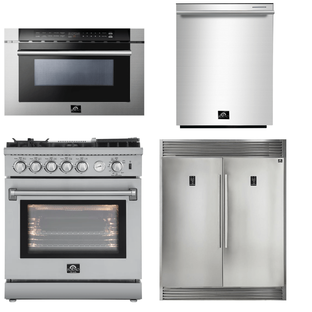 Forno Appliance Package - 30" Gas Range, 60" Refrigerator, Dishwasher, Microwave Drawer, AP-FFSGS6276-30-W-7 I Luxury Appliances Direct