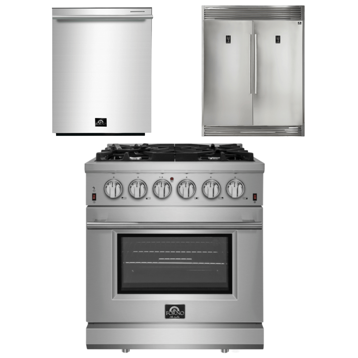 Forno Appliance Package - 30 Inch Gas Range, Dishwasher, Refrigerator, AP-FFSGS6239-30-5 I Luxury Appliances Direct