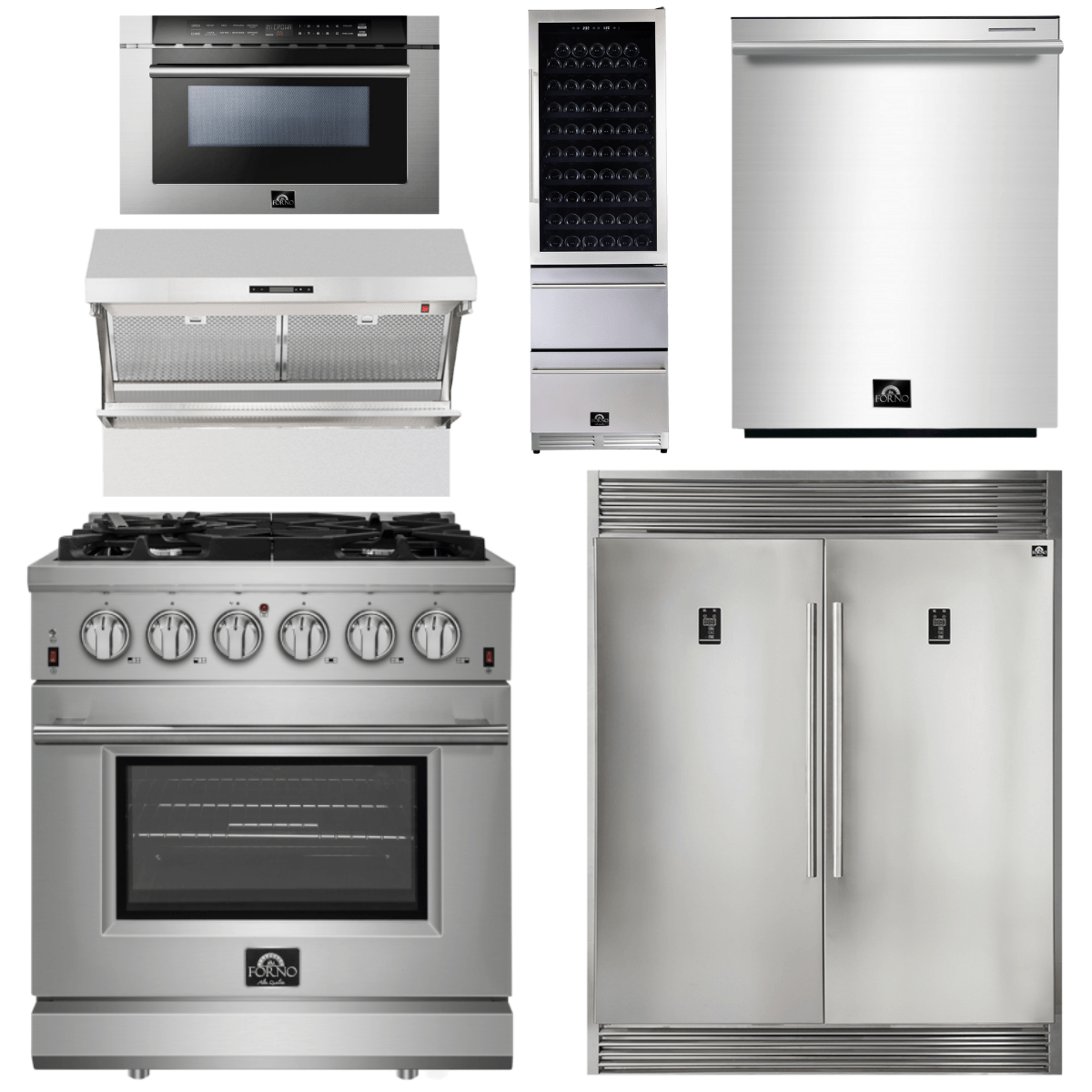 Forno Appliance Package - 30 Inch Gas Range, Range Hood, Refrigerator, Microwave Drawer, Dishwasher, Wine Cooler, AP-FFSGS6239-30-9 I Luxury Appliances Direct