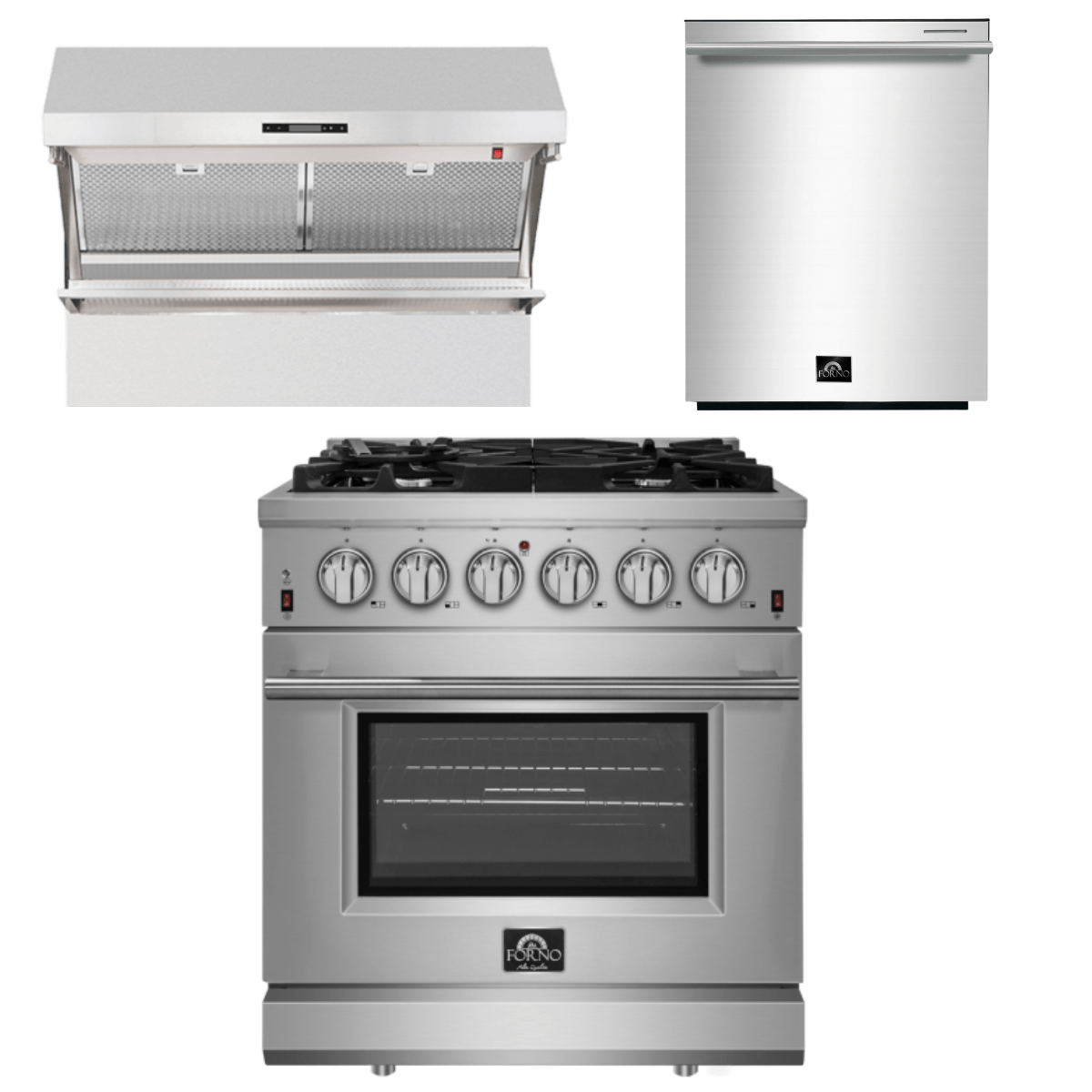 Forno Appliance Package - 30 Inch Gas Range, Wall Mount Range Hood, Dishwasher, AP-FFSGS6239-30-2 I Luxury Appliances Direct